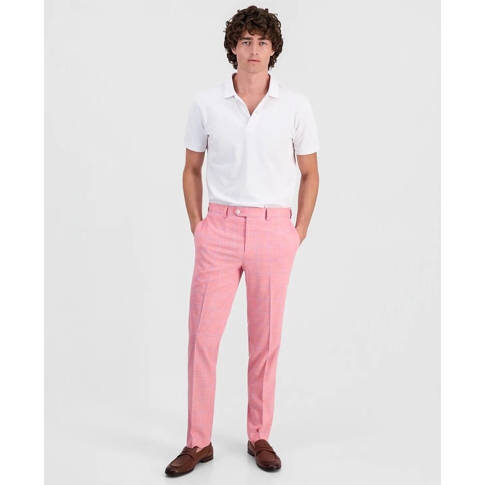 $98 NEW TALLIA MENS 48X32 LIGHT RED BLUE CHECK SOFT TROUSERS DRESS PANTS SLACKS